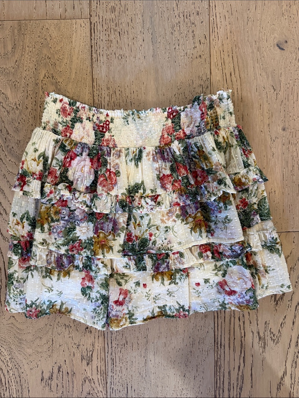 LoveShackFancy Cream Floral Tiered Skirt with Pink & Green Blooms